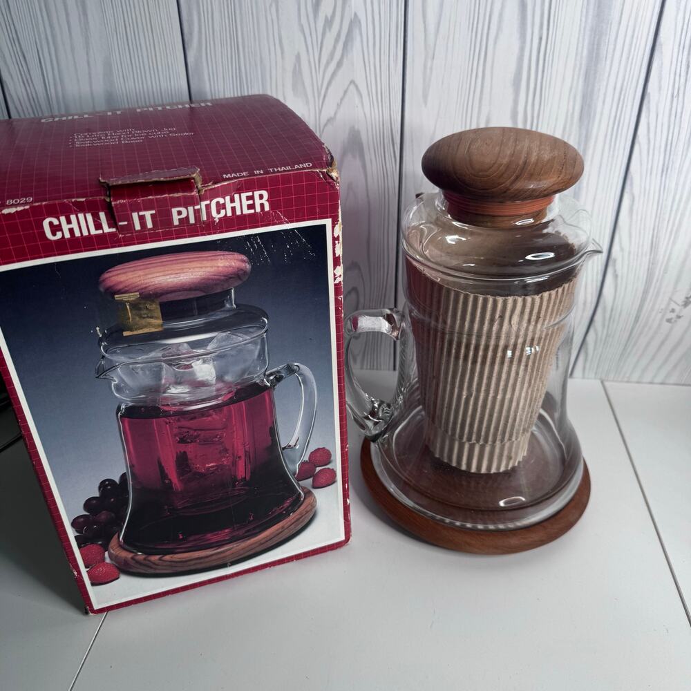 Vintage Towle Teak Wood Glass Pitcher w/ Cooling Ice Insert & Coaster 1985 NEW